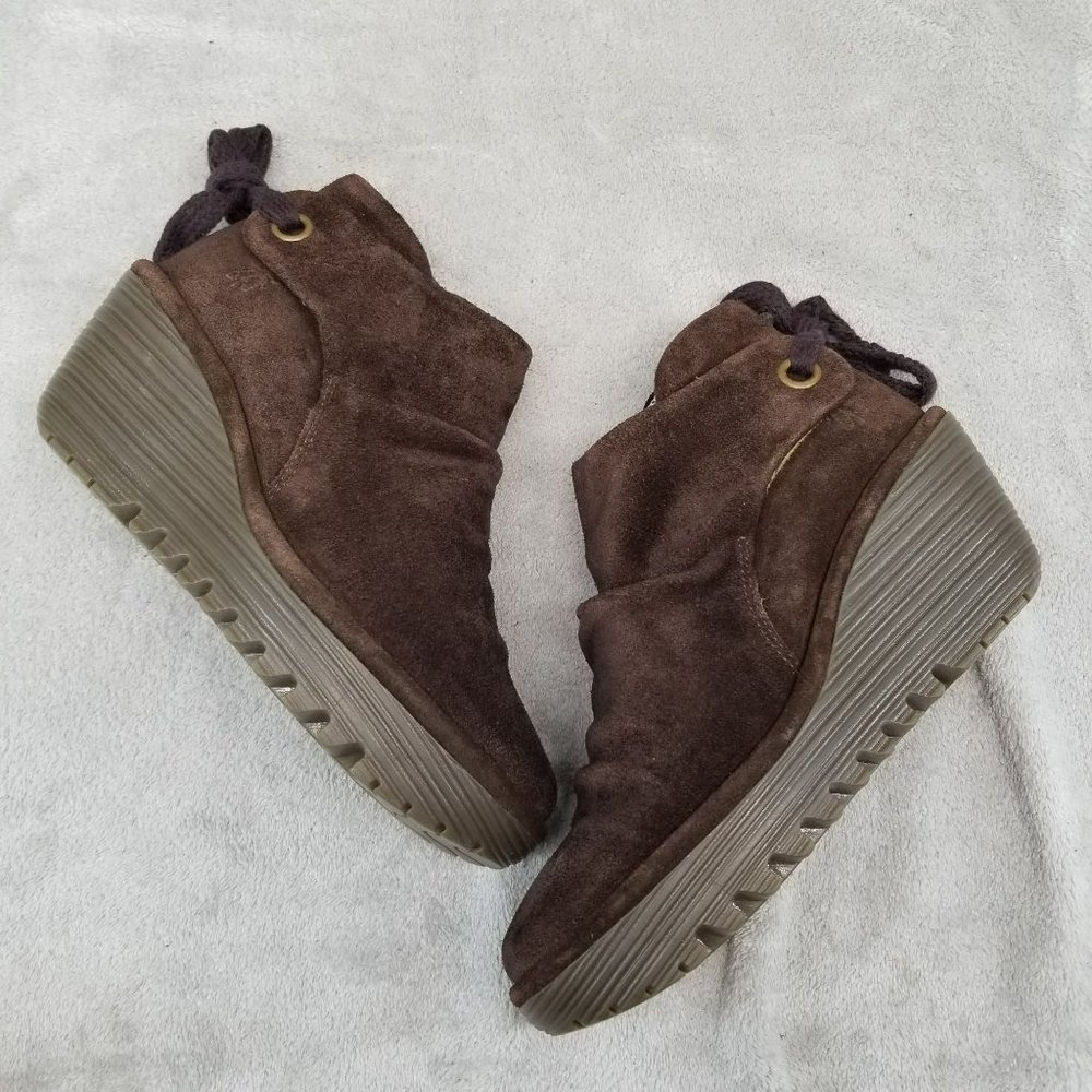 Fly London 36 Yebi Brown Suede Lace Up Heel Wedge Ankle Booties
